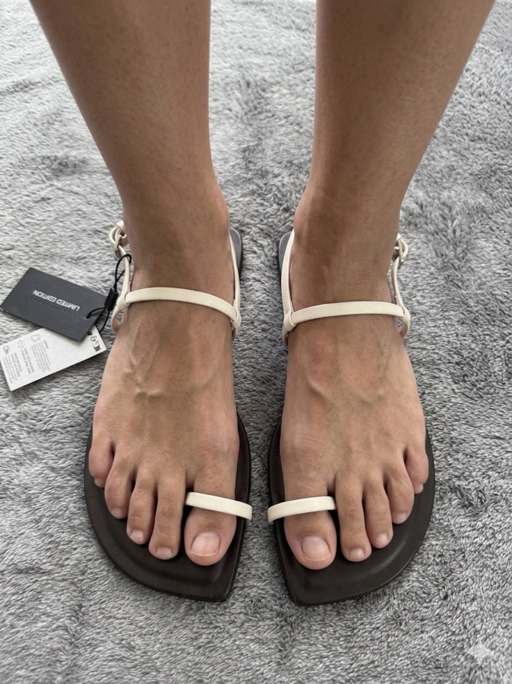 Massimo Dutti Two-Strap Square-Toe Sandals in Cream and Brown